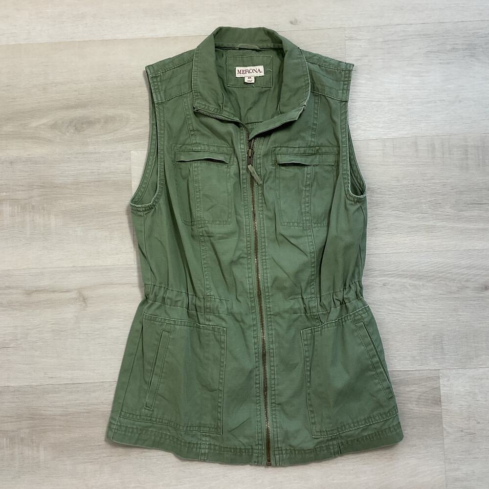 Merona Olive Green Utility Vest Pure Cotton Full Zip Womens XS